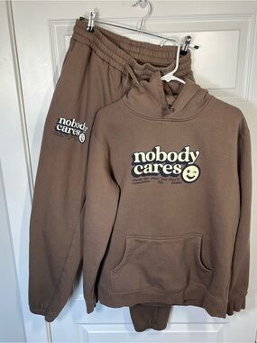 AS Colour Nobody Cares Brown Graphic Hoodie Sweatpants Set L